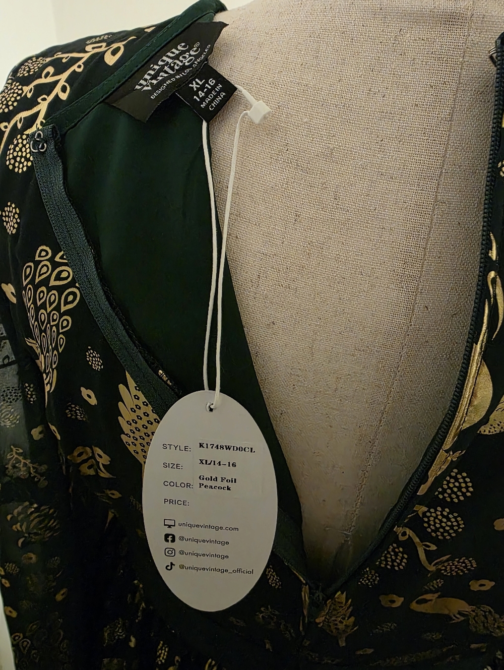 Unique Vintage Brand Green & Gold Foil Peacock Print Empire Waist Maxi Dress - Picture 3 of 9